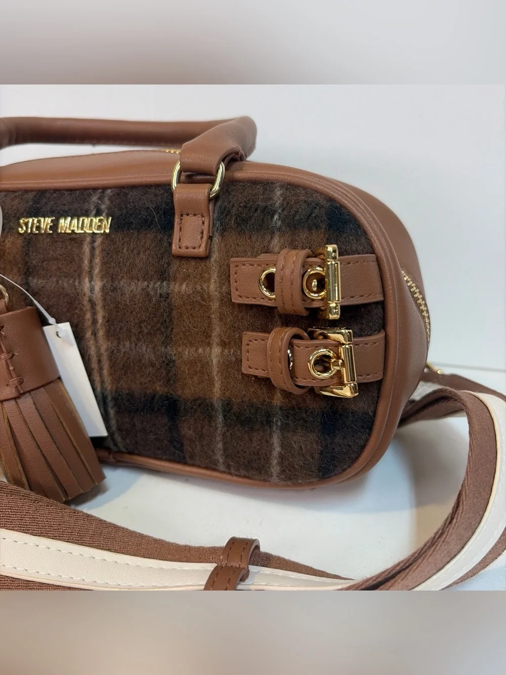 Steve Madden Brown Plaid Blennix Nutshell Crossbody Bag Tassel Dog Charm Fall